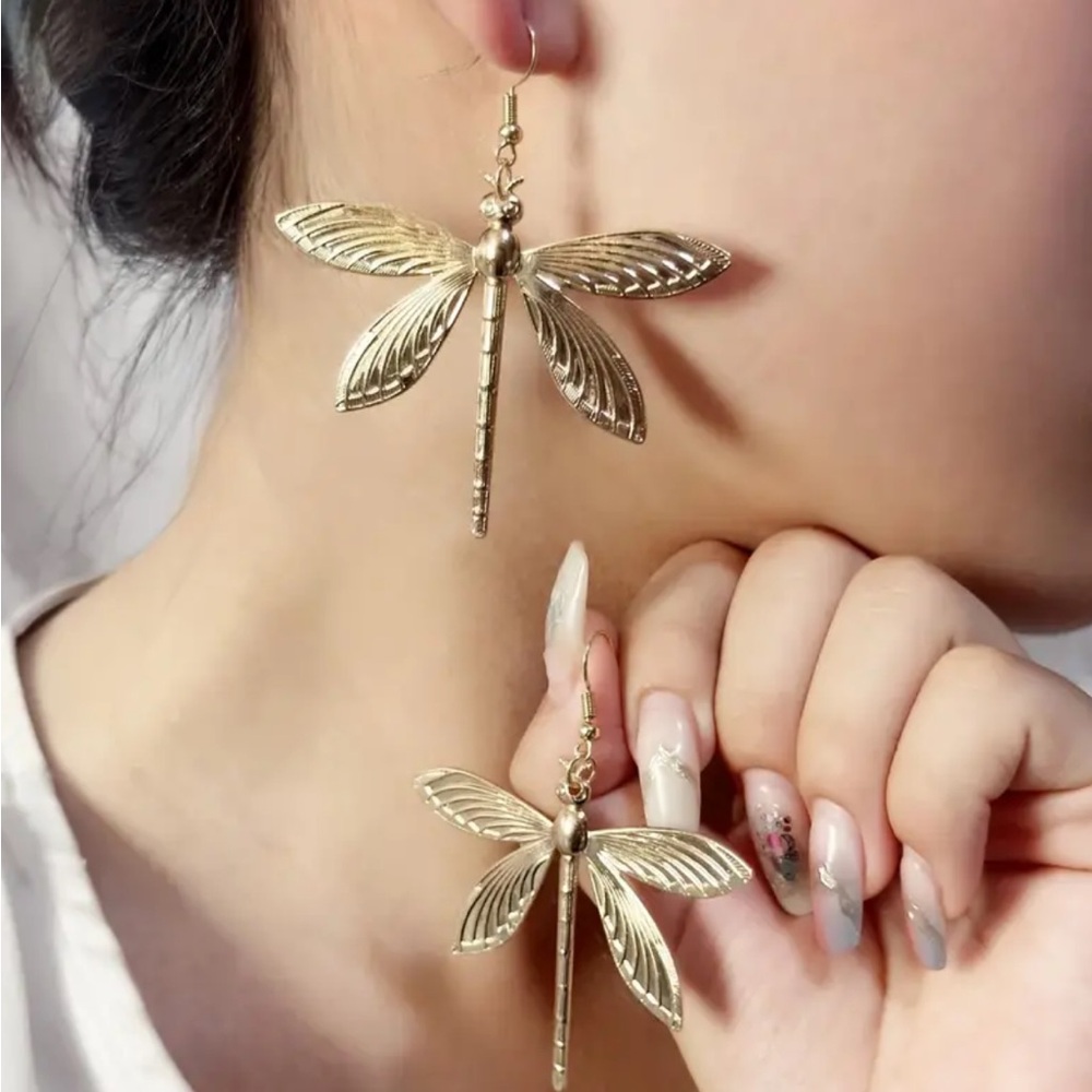 Gold Plated Dragonfly Earrings - Picture 1 of 4